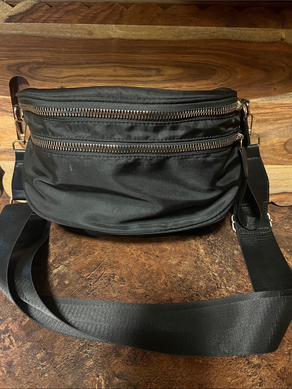 Classic Black Crossbody Bag with Gold Zippers